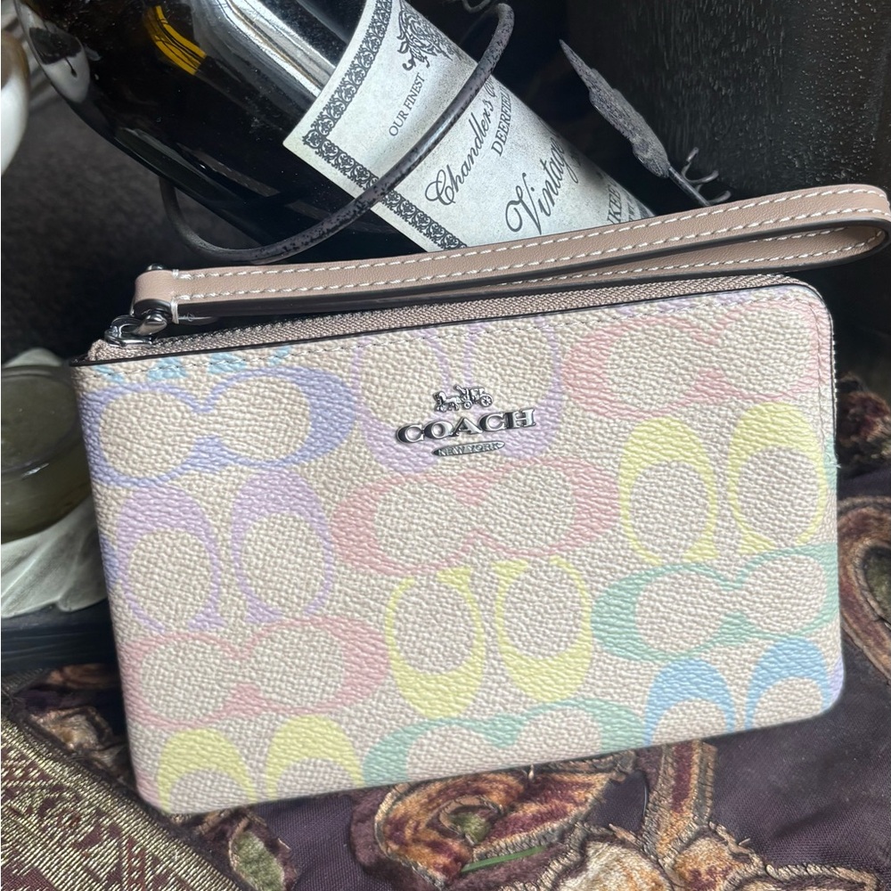 Authentic COACH Signature Leather Multi colored zip card wristlet